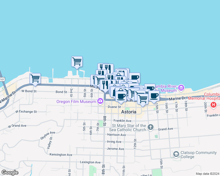 map of restaurants, bars, coffee shops, grocery stores, and more near 1 9th Street in Astoria