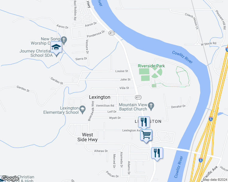 map of restaurants, bars, coffee shops, grocery stores, and more near 100 Penny Lane in Kelso