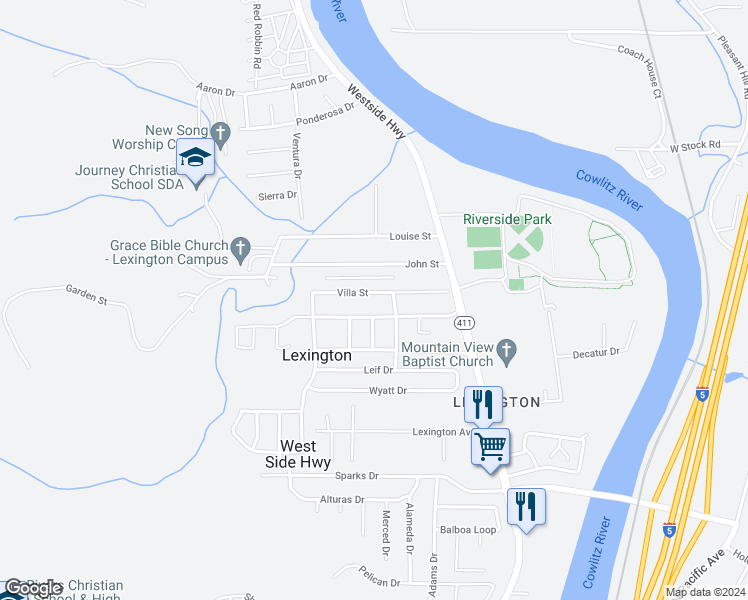 map of restaurants, bars, coffee shops, grocery stores, and more near 129 Villa Road in Kelso