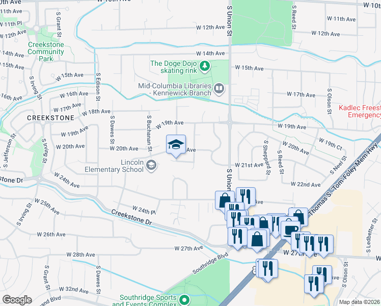 map of restaurants, bars, coffee shops, grocery stores, and more near 1916 S Zinser St in Kennewick