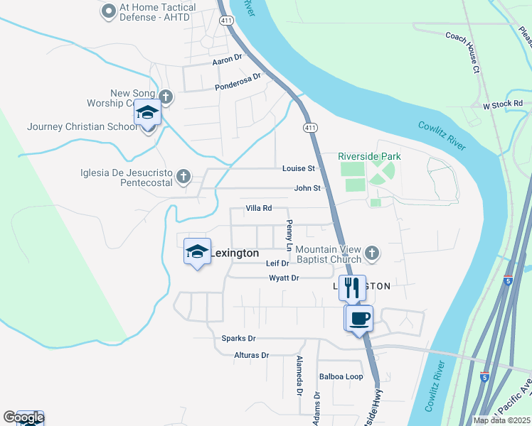 map of restaurants, bars, coffee shops, grocery stores, and more near 138 Villa Road in Kelso