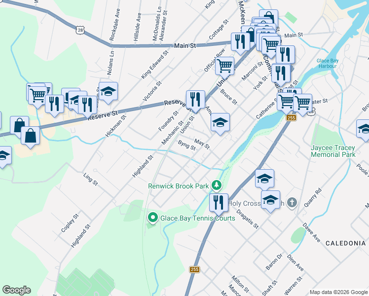 map of restaurants, bars, coffee shops, grocery stores, and more near 215 Union Street in Glace Bay