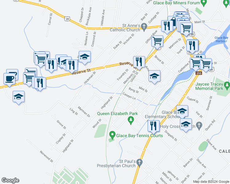 map of restaurants, bars, coffee shops, grocery stores, and more near 60 Mechanic Street in Glace Bay
