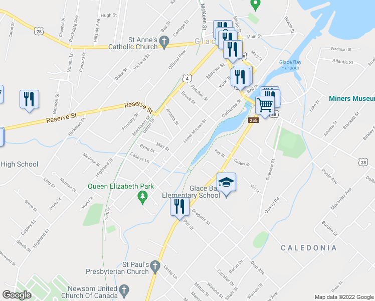map of restaurants, bars, coffee shops, grocery stores, and more near 89 Lower Mclean Street in Glace Bay