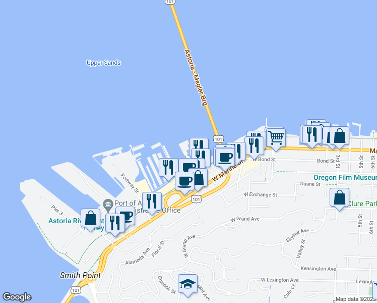 map of restaurants, bars, coffee shops, grocery stores, and more near 10 Basin Street in Astoria