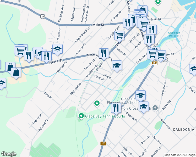 map of restaurants, bars, coffee shops, grocery stores, and more near 5 Byng Street in Glace Bay