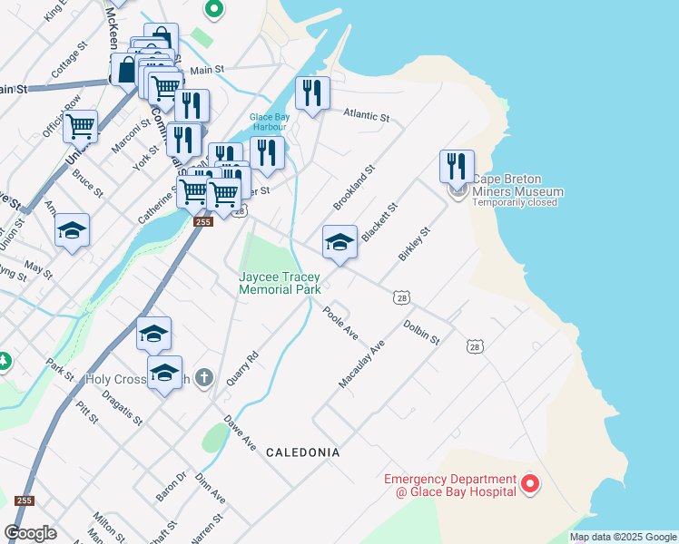 map of restaurants, bars, coffee shops, grocery stores, and more near 112 South Street in Glace Bay