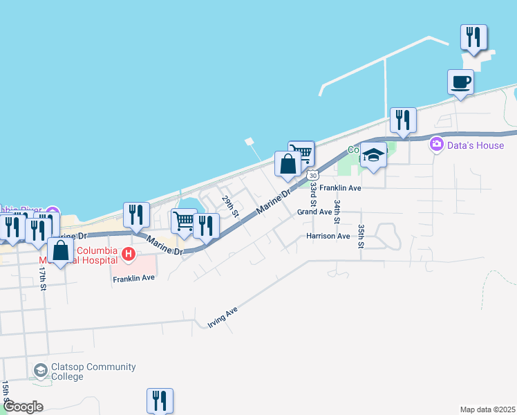 map of restaurants, bars, coffee shops, grocery stores, and more near 598 30th Street in Astoria
