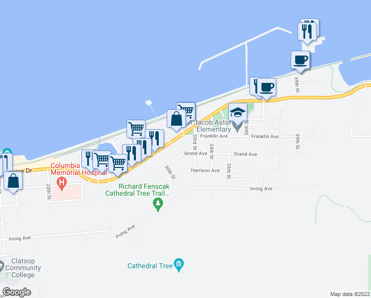 map of restaurants, bars, coffee shops, grocery stores, and more near 3204 Grand Avenue in Astoria