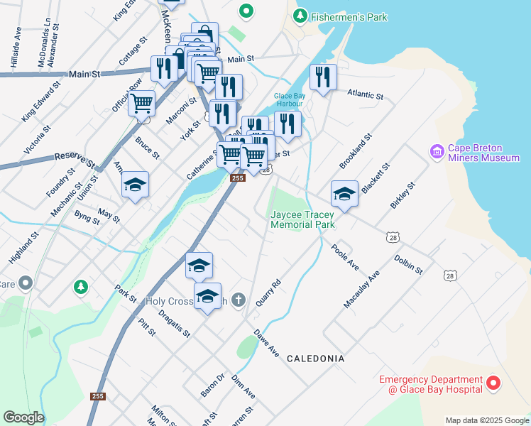 map of restaurants, bars, coffee shops, grocery stores, and more near 24 Mckeigan Street in Glace Bay