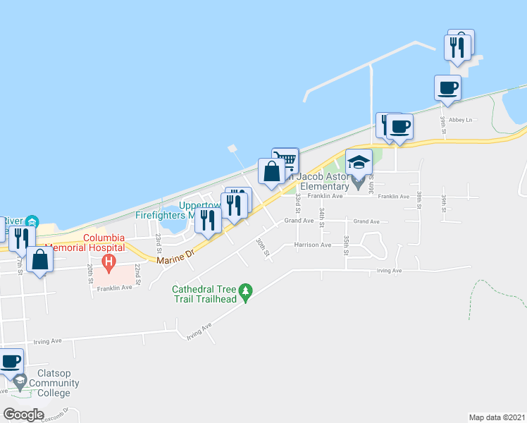 map of restaurants, bars, coffee shops, grocery stores, and more near 611 31st Street in Astoria