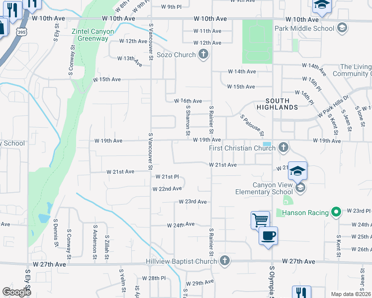 map of restaurants, bars, coffee shops, grocery stores, and more near 1831 West 19th Avenue in Kennewick