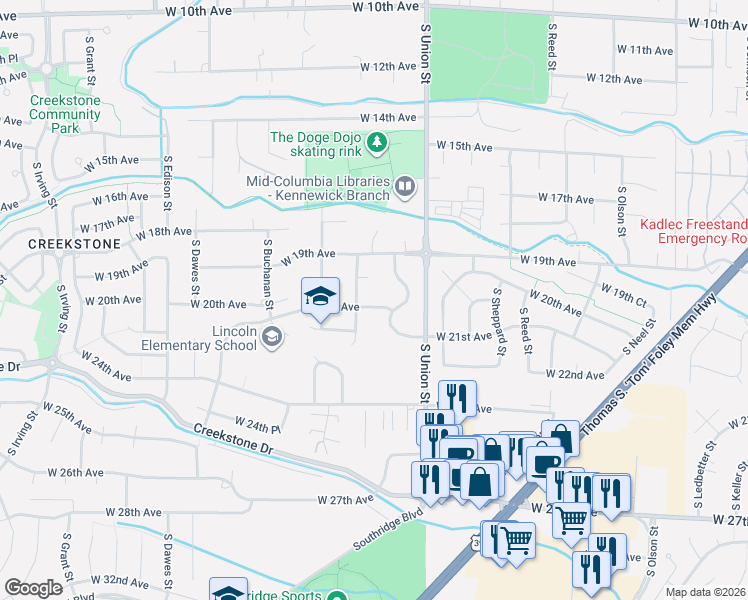 map of restaurants, bars, coffee shops, grocery stores, and more near 4510 West 20th Avenue in Kennewick