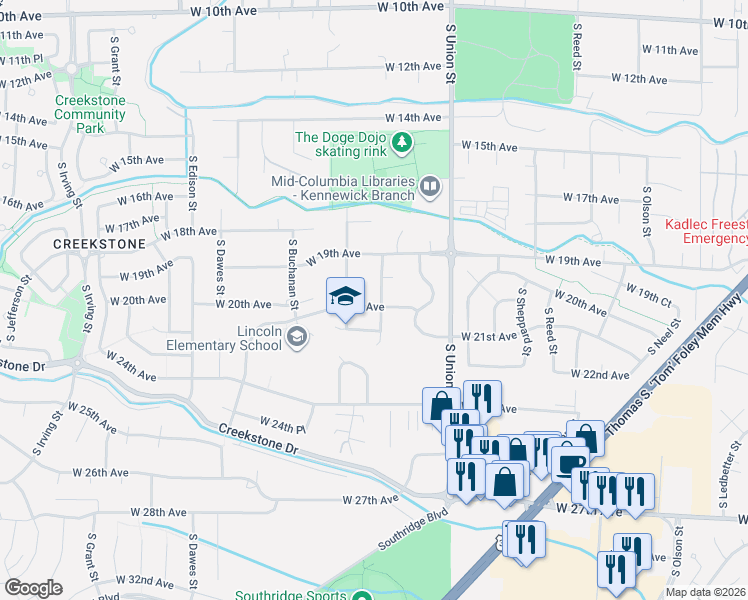 map of restaurants, bars, coffee shops, grocery stores, and more near 1916 S Zinser St in Kennewick