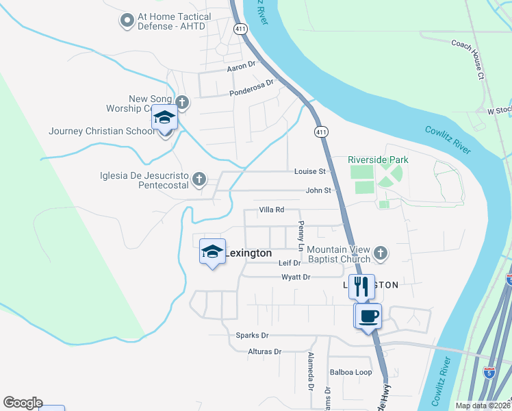 map of restaurants, bars, coffee shops, grocery stores, and more near 148 Villa Street in Kelso