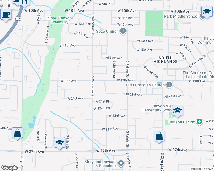map of restaurants, bars, coffee shops, grocery stores, and more near 1905 South Tacoma Street in Kennewick