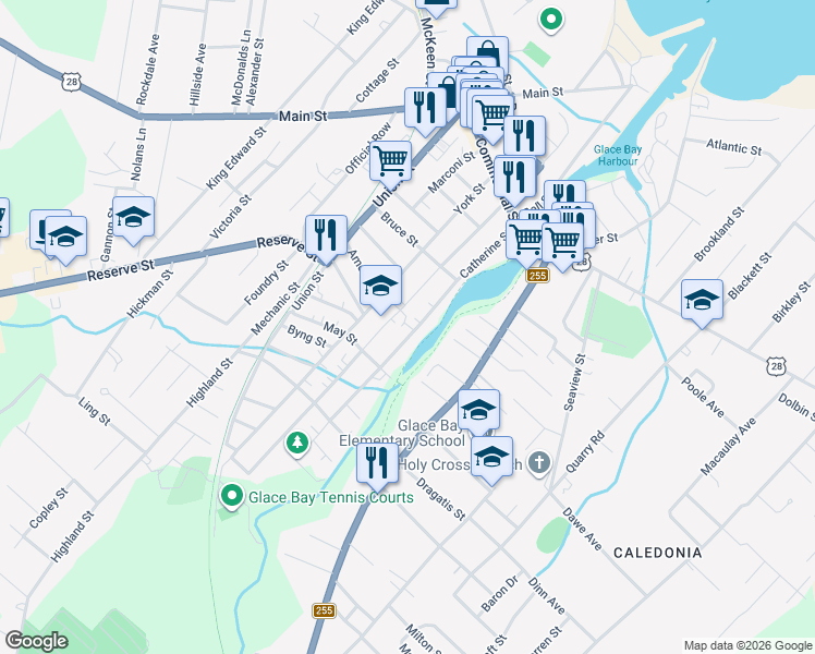 map of restaurants, bars, coffee shops, grocery stores, and more near 51 Catherine Street in Glace Bay