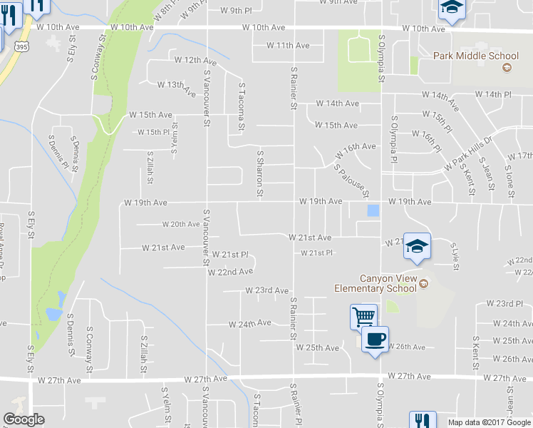 map of restaurants, bars, coffee shops, grocery stores, and more near 1831 West 19th Avenue in Kennewick