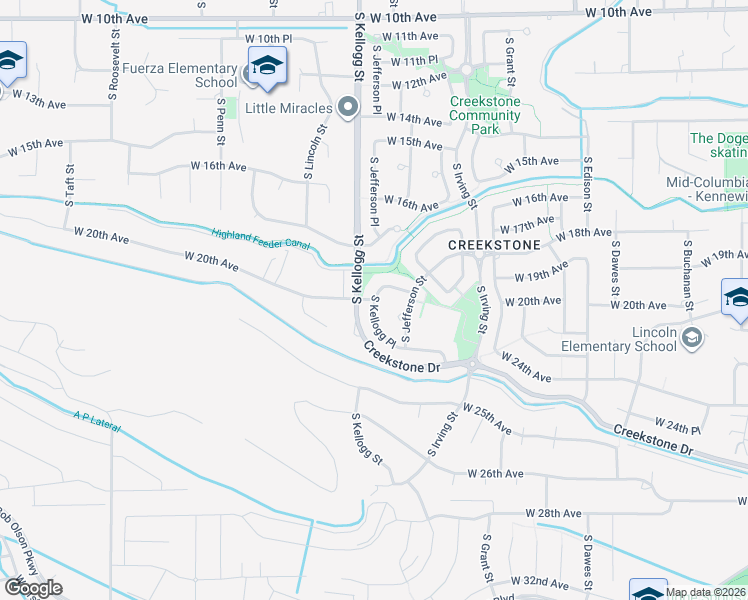 map of restaurants, bars, coffee shops, grocery stores, and more near West 20th Avenue in Kennewick