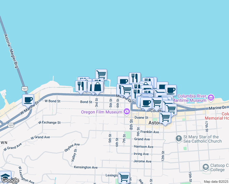 map of restaurants, bars, coffee shops, grocery stores, and more near 510 Marine Drive in Astoria