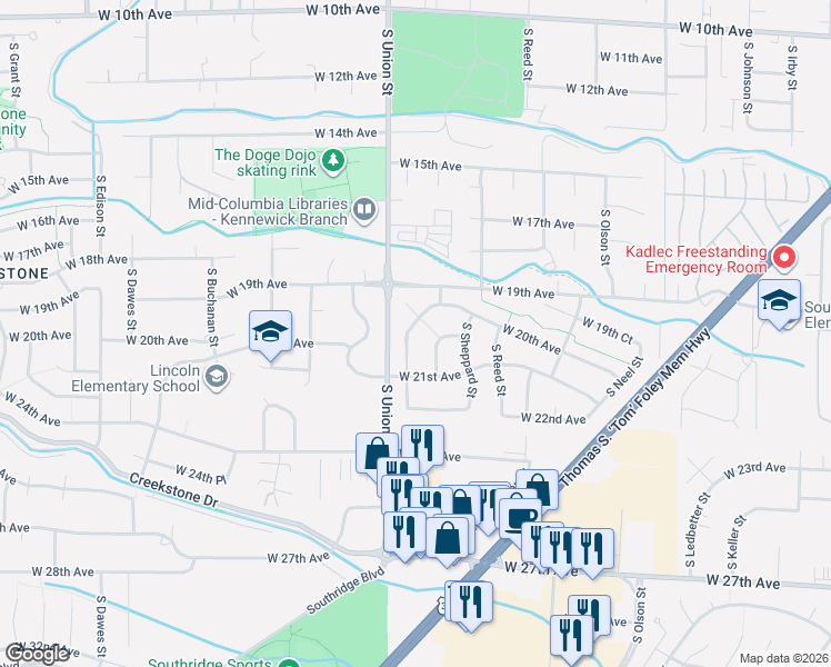 map of restaurants, bars, coffee shops, grocery stores, and more near 2017 S Tweedt St in Kennewick