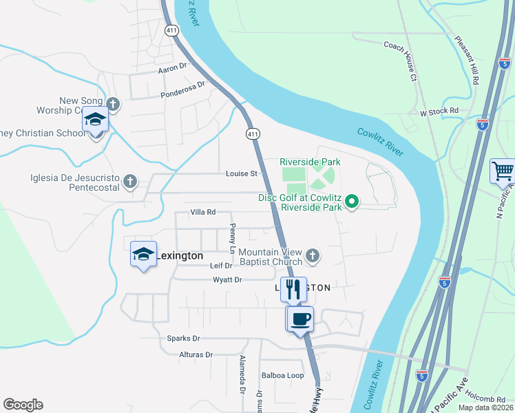 map of restaurants, bars, coffee shops, grocery stores, and more near 110 Villa Road in Kelso