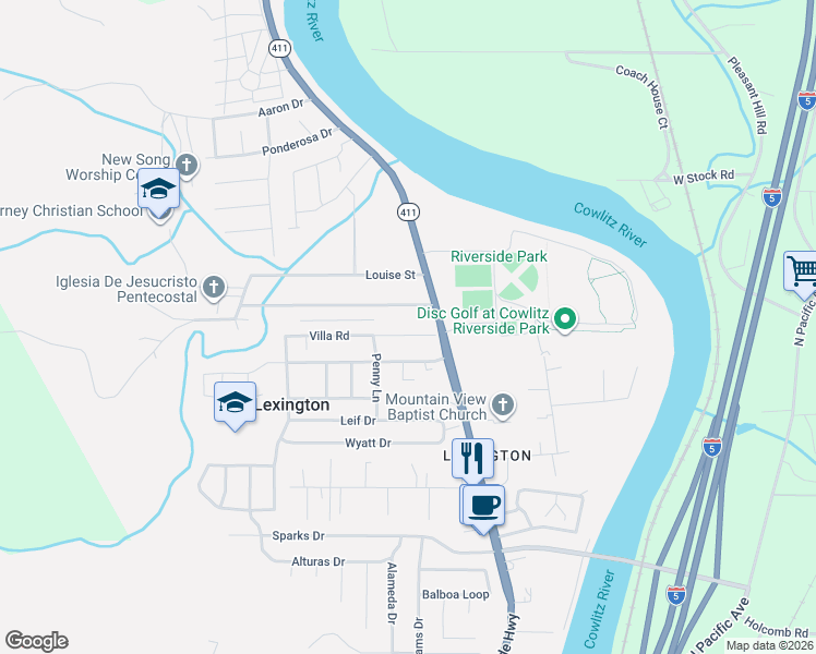 map of restaurants, bars, coffee shops, grocery stores, and more near 110 Villa Road in Kelso