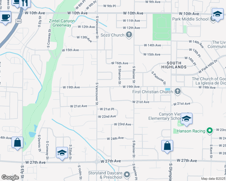 map of restaurants, bars, coffee shops, grocery stores, and more near 1905 South Tacoma Street in Kennewick