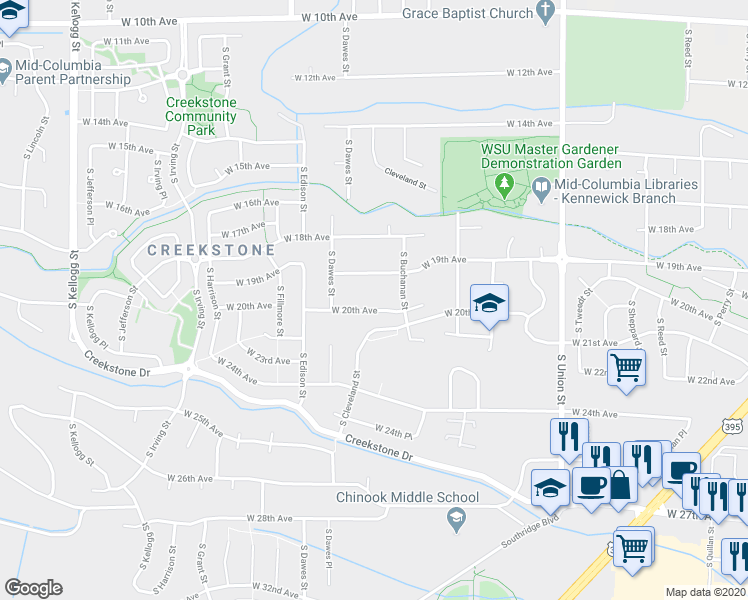 map of restaurants, bars, coffee shops, grocery stores, and more near 4920 West 20th Avenue in Kennewick
