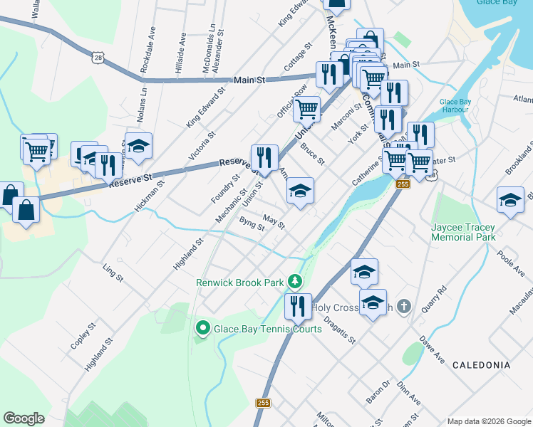 map of restaurants, bars, coffee shops, grocery stores, and more near 7 May Street in Glace Bay
