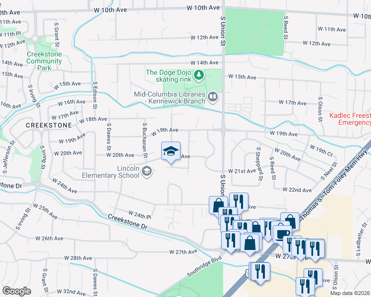 map of restaurants, bars, coffee shops, grocery stores, and more near 1916 South Zinser Street in Kennewick