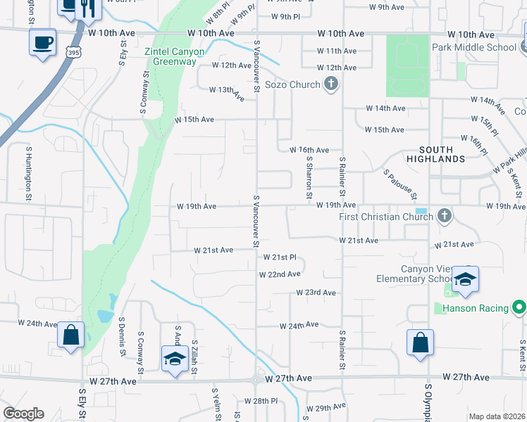 map of restaurants, bars, coffee shops, grocery stores, and more near 1923 South Vancouver Street in Kennewick