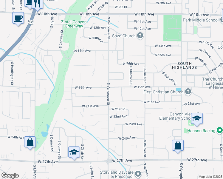 map of restaurants, bars, coffee shops, grocery stores, and more near 1923 South Vancouver Street in Kennewick
