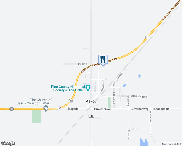 map of restaurants, bars, coffee shops, grocery stores, and more near 6362 H C Andersen Alle in Askov