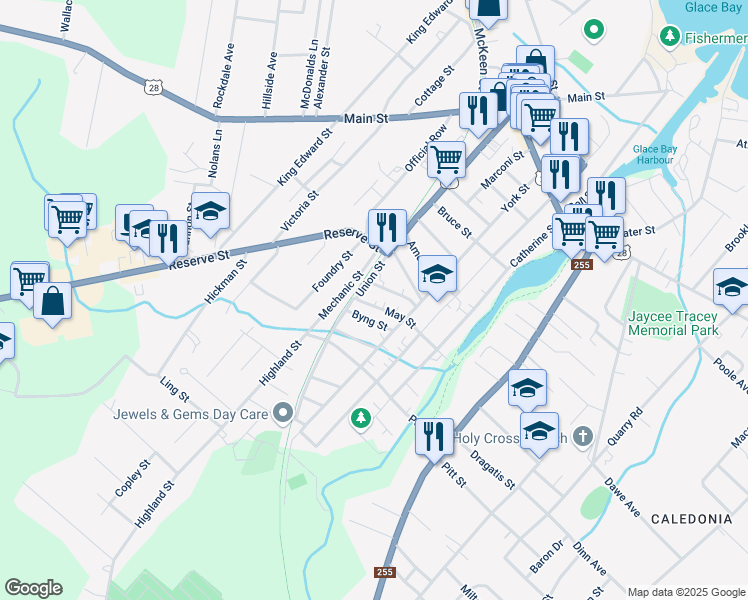 map of restaurants, bars, coffee shops, grocery stores, and more near 3 May Street in Glace Bay