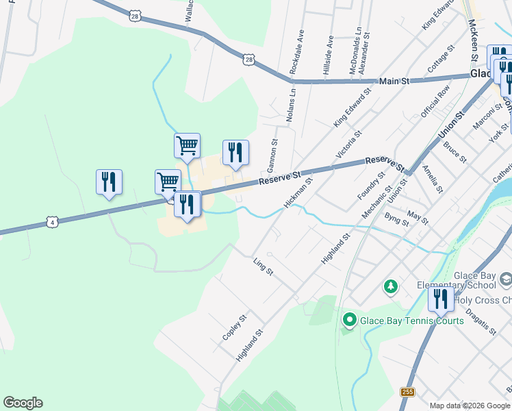 map of restaurants, bars, coffee shops, grocery stores, and more near 125 Reserve Street in Glace Bay