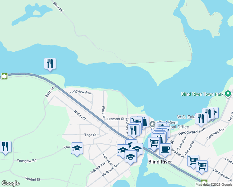 map of restaurants, bars, coffee shops, grocery stores, and more near 107 Lachore Street in Blind River