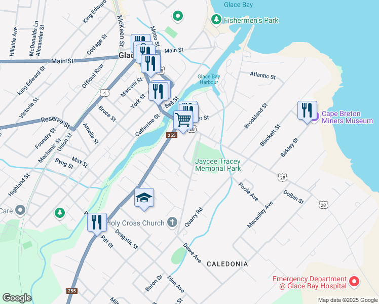 map of restaurants, bars, coffee shops, grocery stores, and more near 109 Seaview Street in Glace Bay