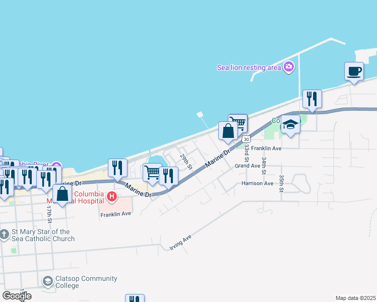 map of restaurants, bars, coffee shops, grocery stores, and more near 270 Maritime Lane in Astoria