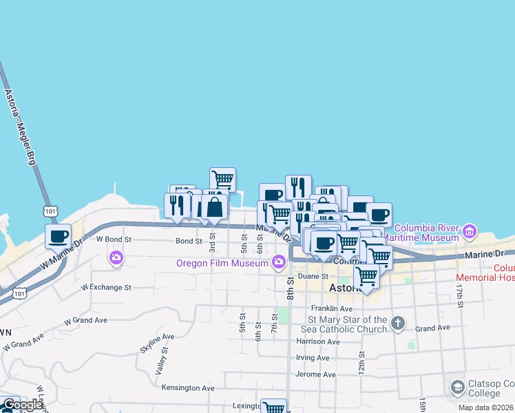 map of restaurants, bars, coffee shops, grocery stores, and more near East 6th Street in Cannon Beach