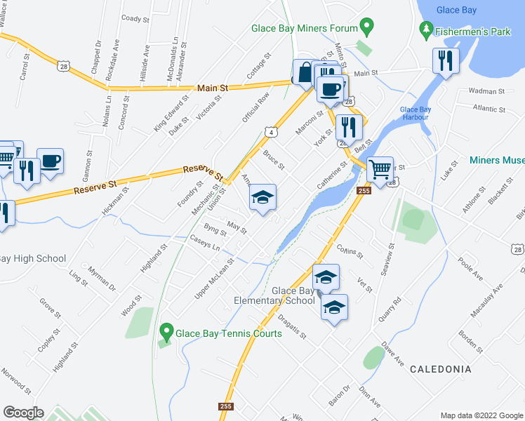 map of restaurants, bars, coffee shops, grocery stores, and more near 319 York Street in Glace Bay