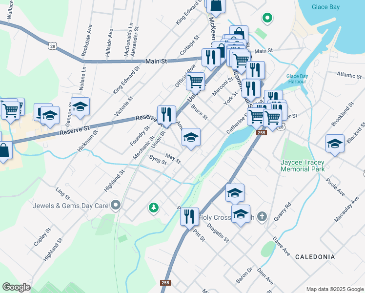 map of restaurants, bars, coffee shops, grocery stores, and more near 324 York Street in Glace Bay