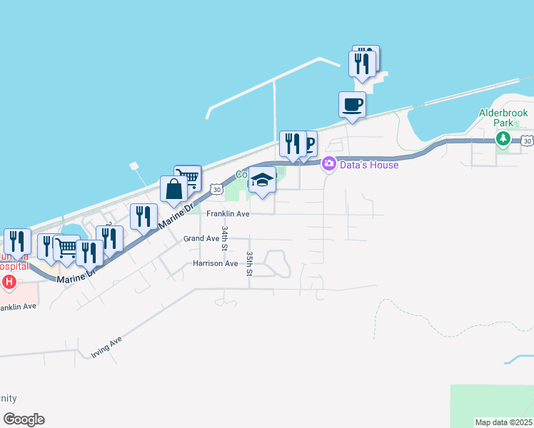 map of restaurants, bars, coffee shops, grocery stores, and more near 3550 Franklin Avenue in Astoria