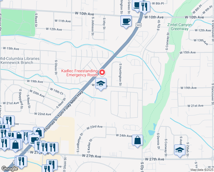 map of restaurants, bars, coffee shops, grocery stores, and more near 70521 South 2410 Pr Southeast in Kennewick