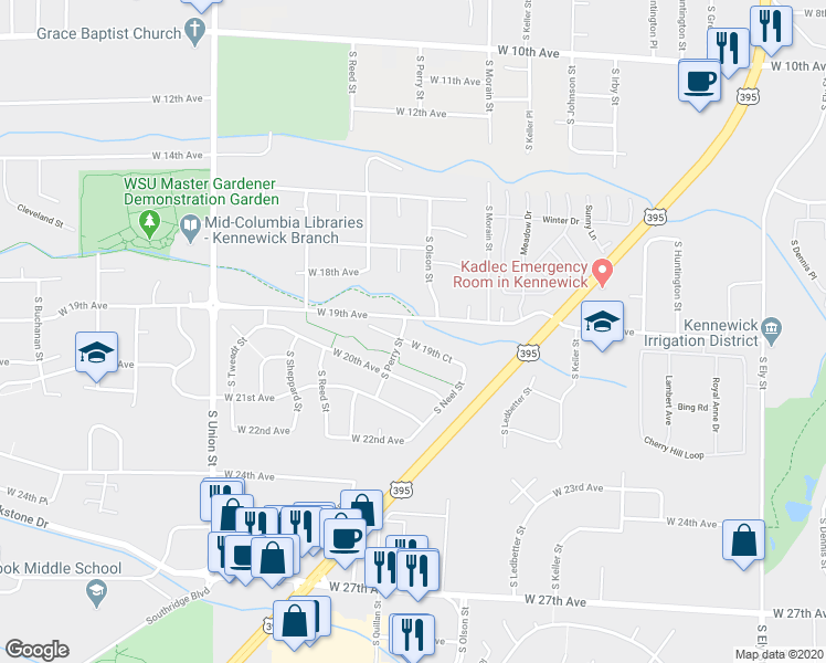 map of restaurants, bars, coffee shops, grocery stores, and more near 3814 West 19th Court in Kennewick