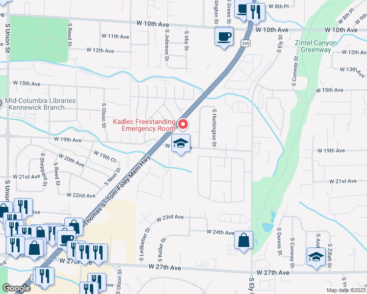 map of restaurants, bars, coffee shops, grocery stores, and more near 70521 South 2410 Pr Southeast in Kennewick