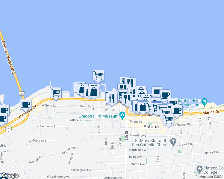 map of restaurants, bars, coffee shops, grocery stores, and more near 1 6th Street in Astoria