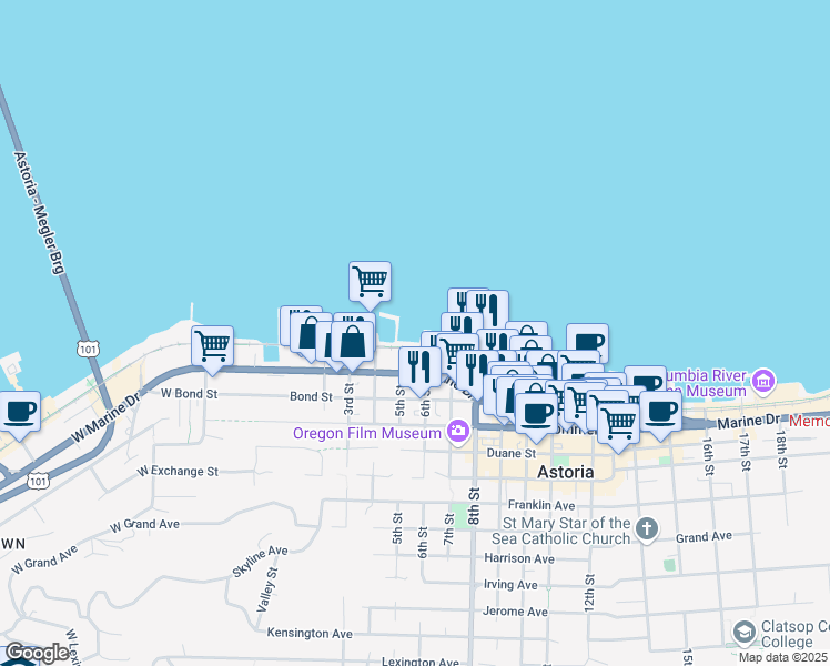 map of restaurants, bars, coffee shops, grocery stores, and more near 1 6th Street in Astoria