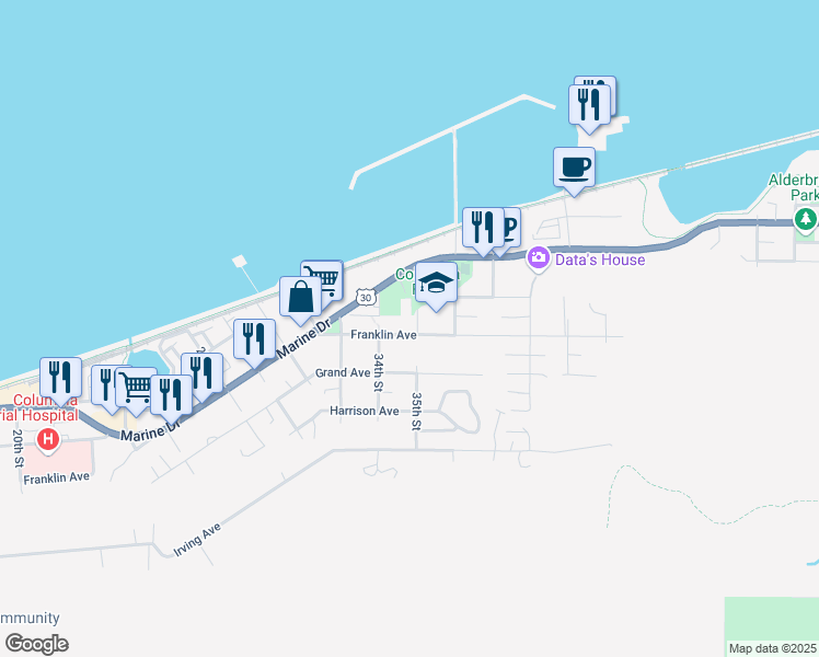 map of restaurants, bars, coffee shops, grocery stores, and more near 3533 Franklin Avenue in Astoria