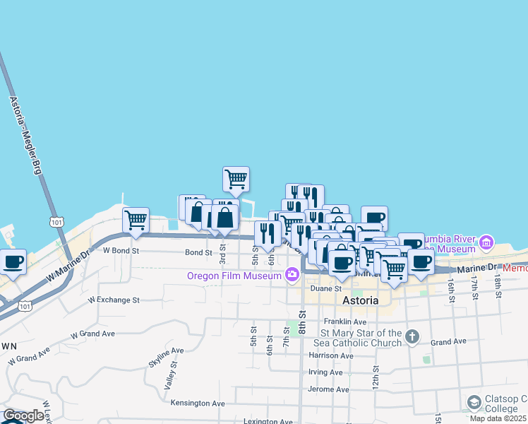 map of restaurants, bars, coffee shops, grocery stores, and more near 510 Marine Drive in Astoria